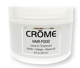 Crome hair food front bottle with black lid showing product label and benefits