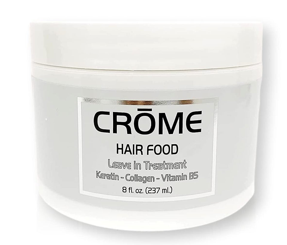 Crome hair food front bottle with black lid showing product label and benefits