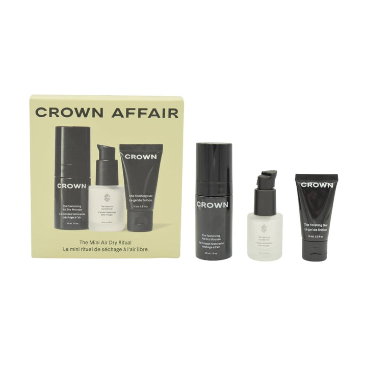 CROWN AFFAIR front packaging trio showing travel-size benefits