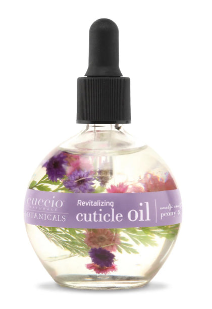 Cuccio bottle front view with real petals, shows elegant packaging and hydration benefits