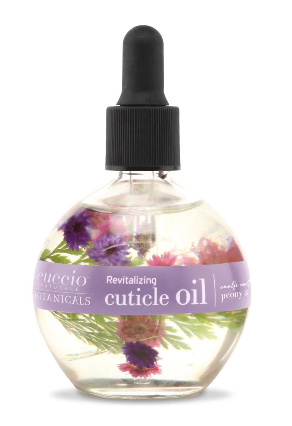Cuccio bottle front view with real petals, shows elegant packaging and hydration benefits