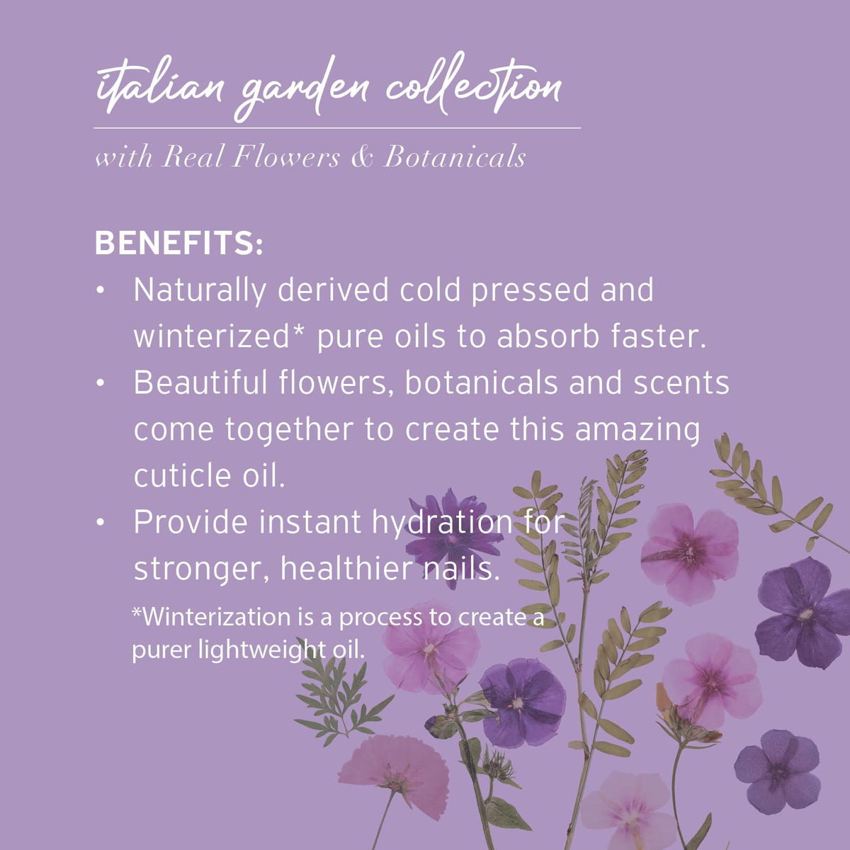 Close-up of violet and peony petals inside Cuccio bottle highlighting botanical infusion