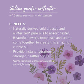 Close-up of violet and peony petals inside Cuccio bottle highlighting botanical infusion