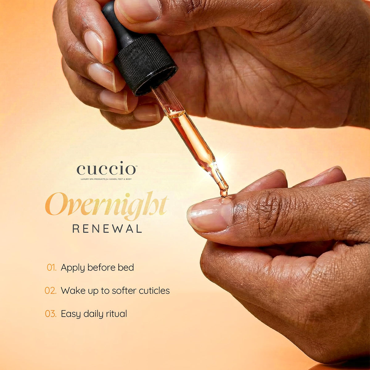 Cuccio applying oil to cuticles with brush for precise moisturization and care