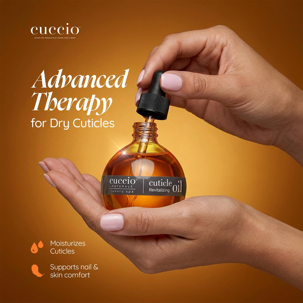 Cuccio close-up label detail highlighting natural formula benefits and branding