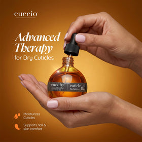 Cuccio close-up label detail highlighting natural formula benefits and branding