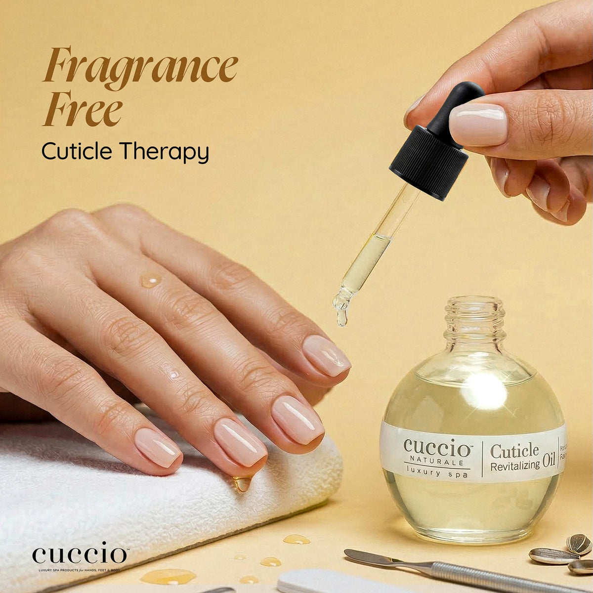 Cuccio top view with cap closed highlighting dispensing control and travel-friendly convenience