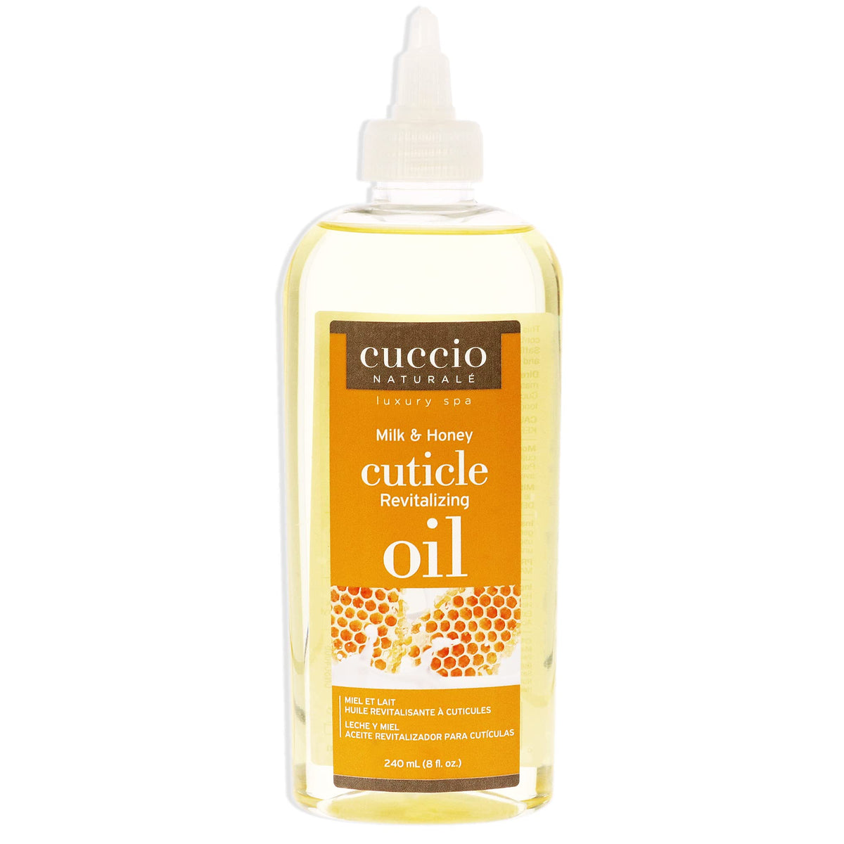 Cuccio front bottle showing label and milk and honey scent benefit
