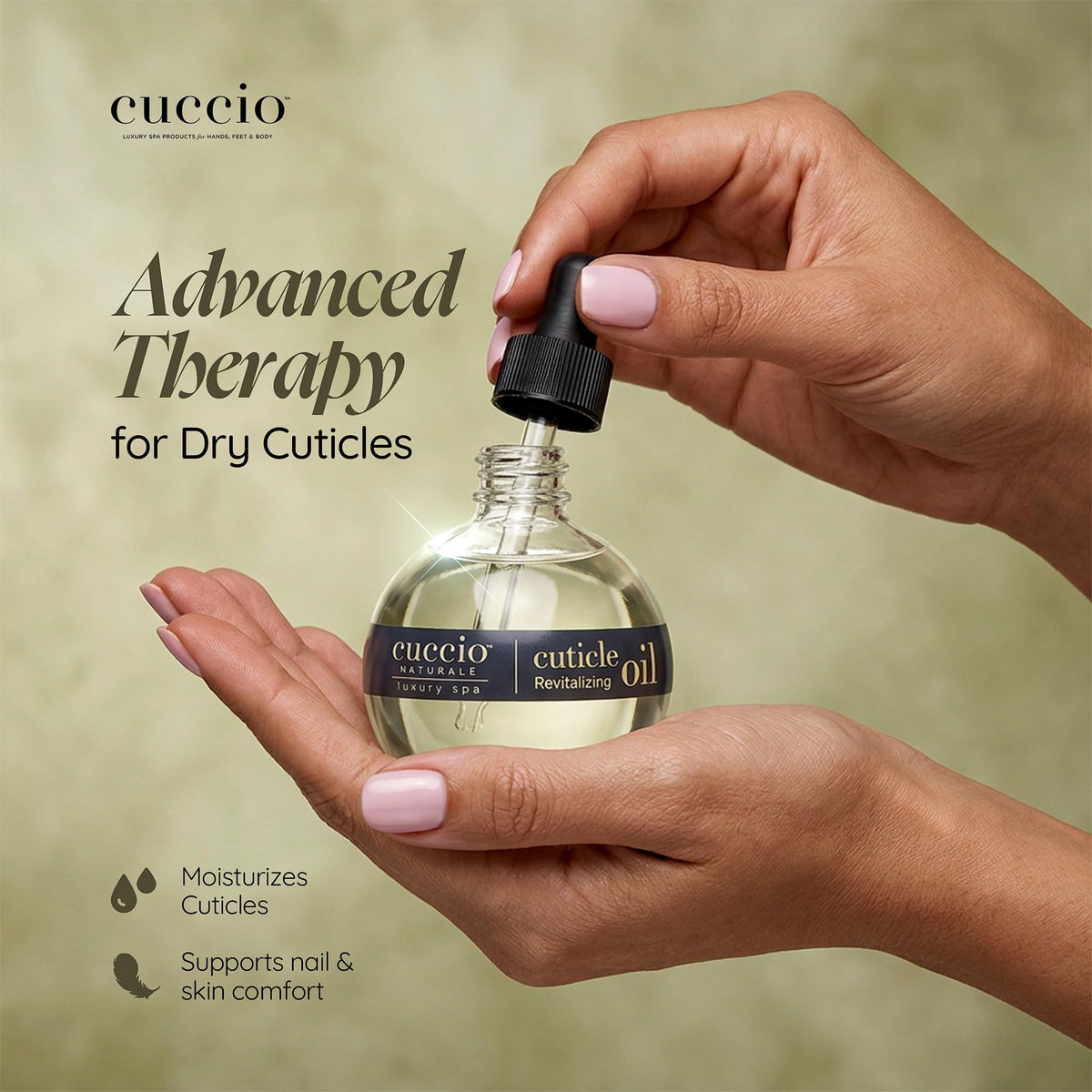 Cuccio dropper applying single drop to cuticle for quick hydration benefit