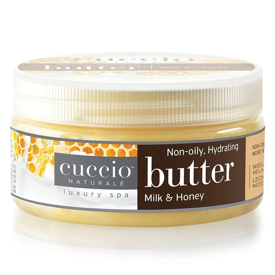 Cuccio front packaging of milk and honey lotion showing label and 8 oz size for easy identification