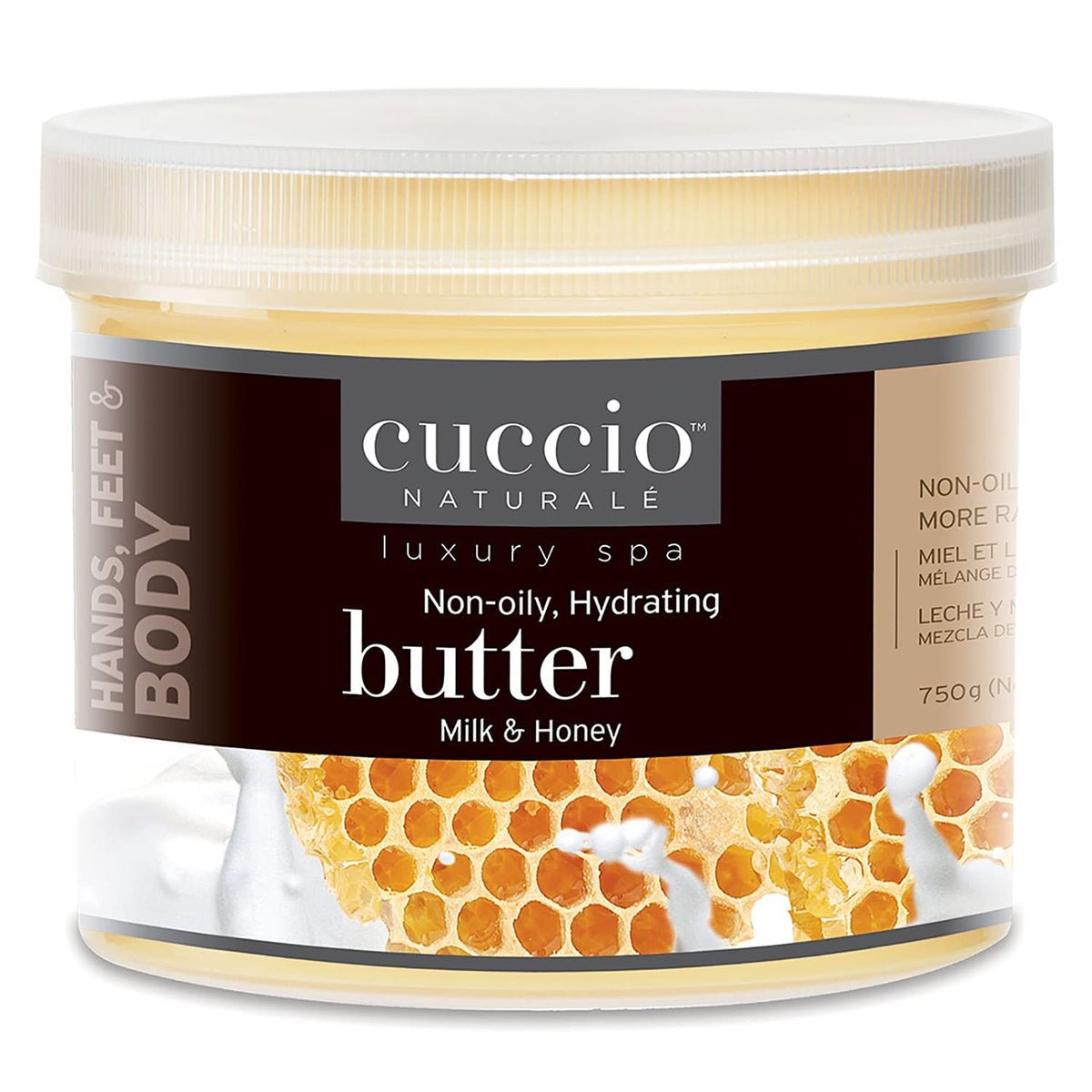 Cuccio front tub milk and honey presenting product and benefits