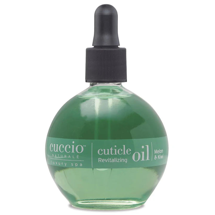 Cuccio front bottle showing melon and kiwi label and benefit of hydrated cuticles