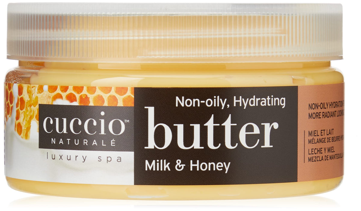 Cuccio jar front view showing Milk and Honey label and 8 oz size, evoking quality