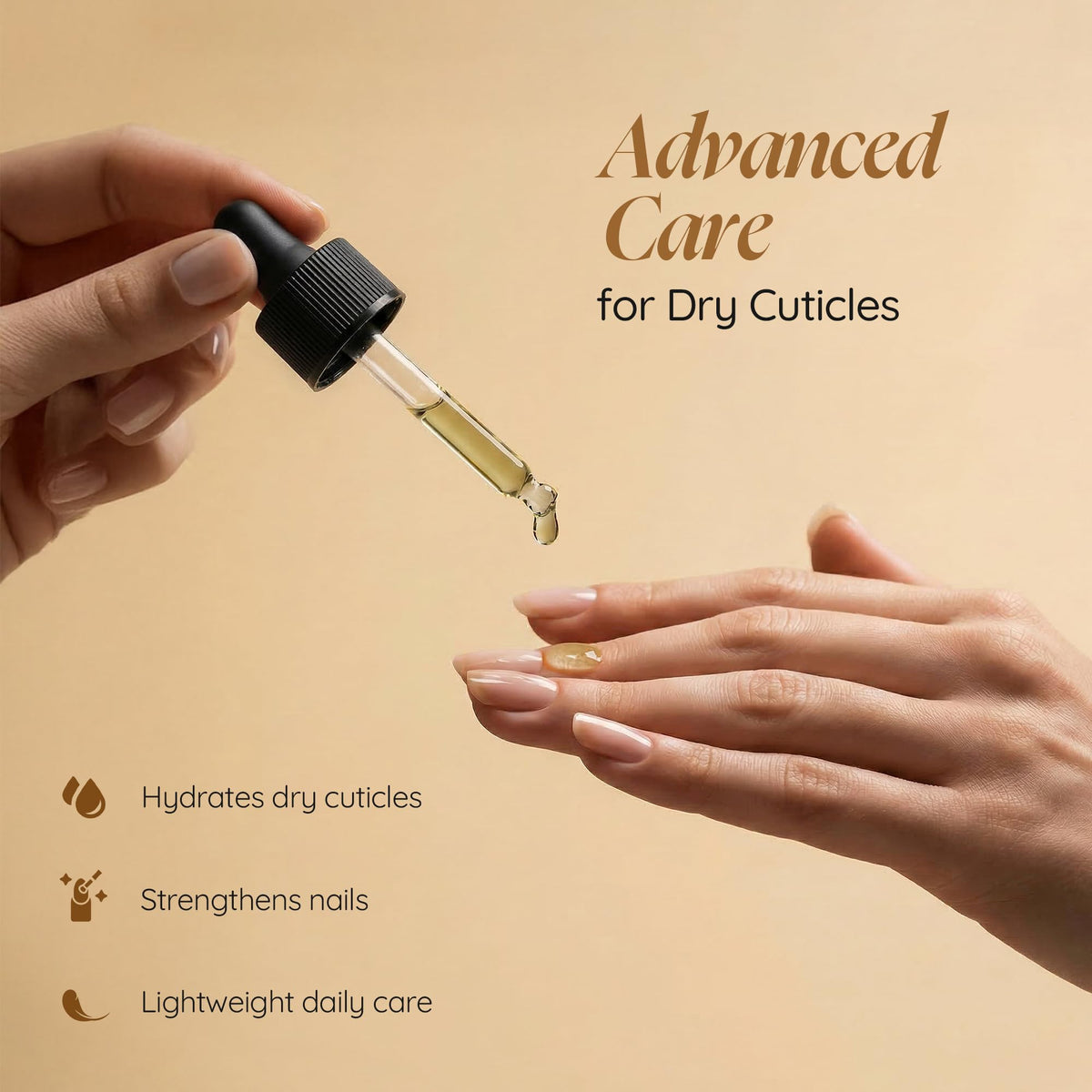 Cuccio oil drop closeup on fingertip showing lightweight texture and quick absorption benefit