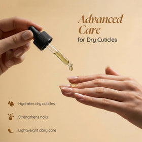 Cuccio oil drop closeup on fingertip showing lightweight texture and quick absorption benefit