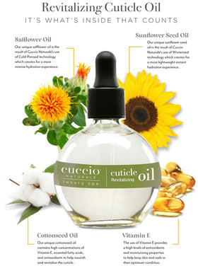 Cuccio oil dropper dispensing clear lightweight oil highlighting absorption benefit