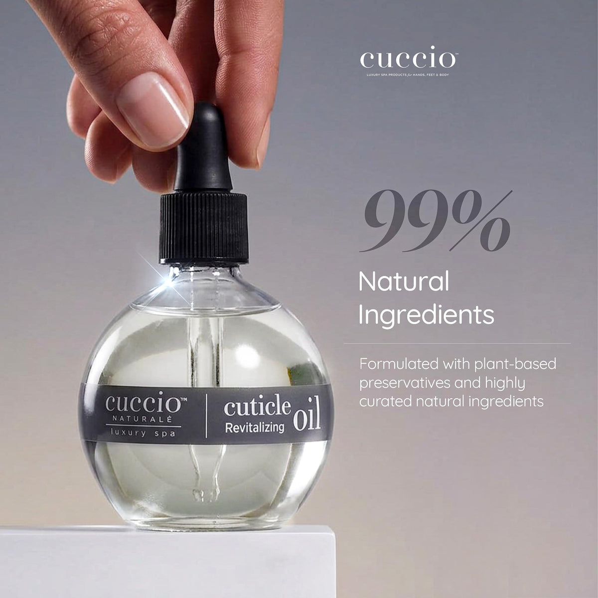 Close-up of Cuccio oil texture highlighting lightweight, non-greasy finish