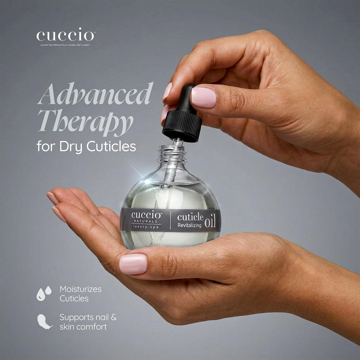 Cuccio dropper applying a single drop to cuticle for quick absorption