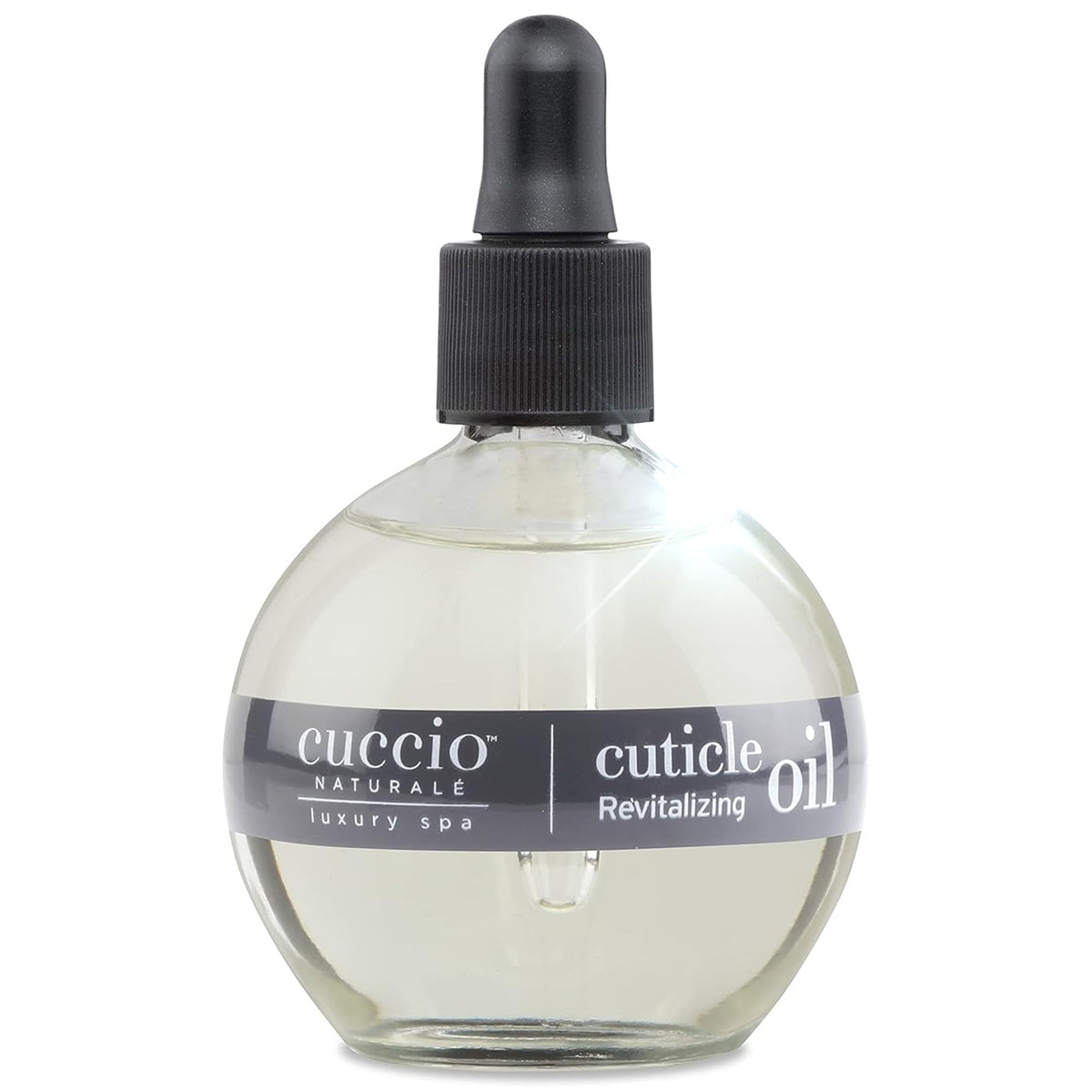 Cuccio bottle front view showing peach and vanilla oil for hydrated cuticles