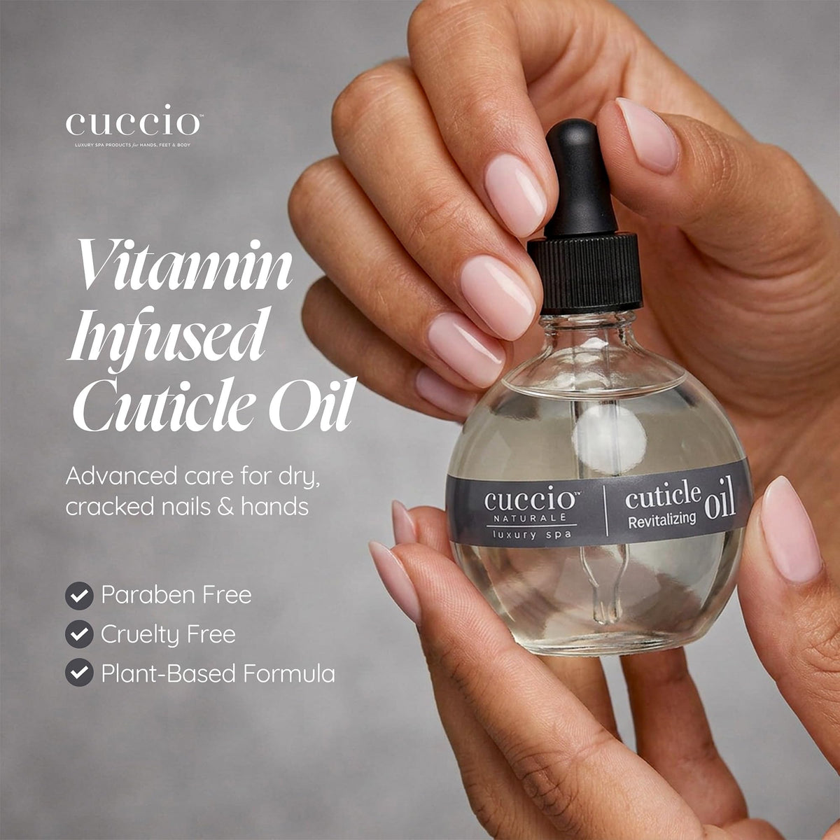 Cuccio bottle held in hand to show 2.3 oz scale and travel-friendly size
