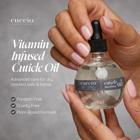 Cuccio bottle held in hand to show 2.3 oz scale and travel-friendly size