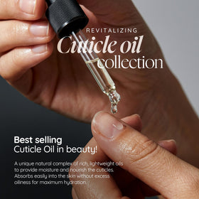 Cuccio placed on vanity with peach and vanilla accents for spa-like routine