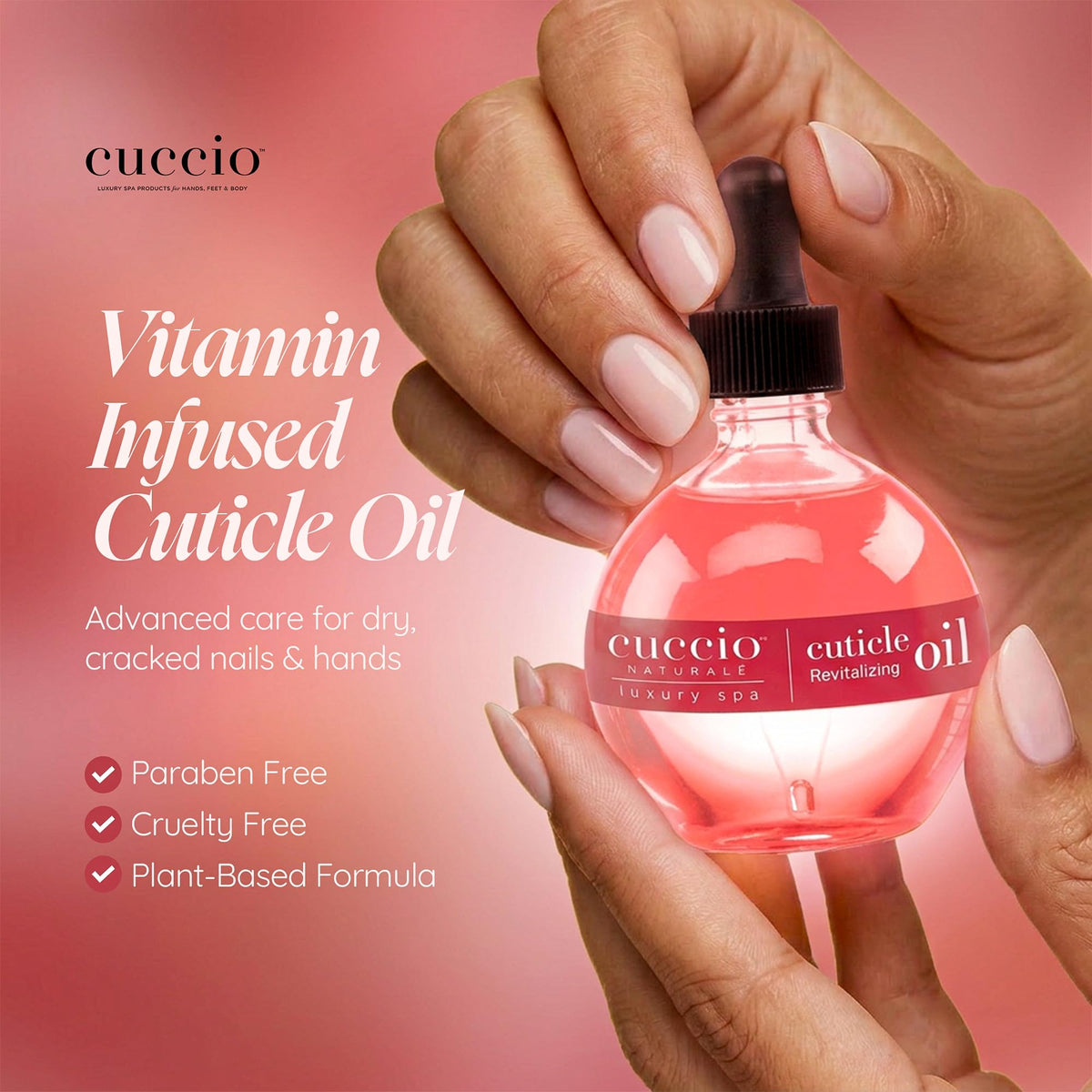 Cuccio bottle held in hand for size and scale, helpful for purchasing