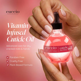 Cuccio bottle held in hand for size and scale, helpful for purchasing