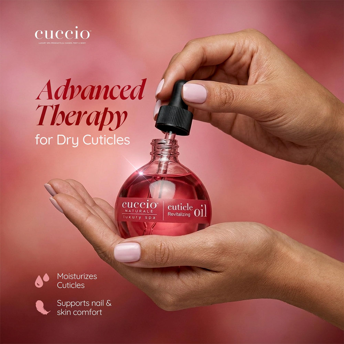 Cuccio dropper applying oil to cuticle, demonstrating fast absorption benefit