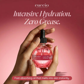 Cuccio bottle on manicure tray with tools, suggesting at-home spa benefit