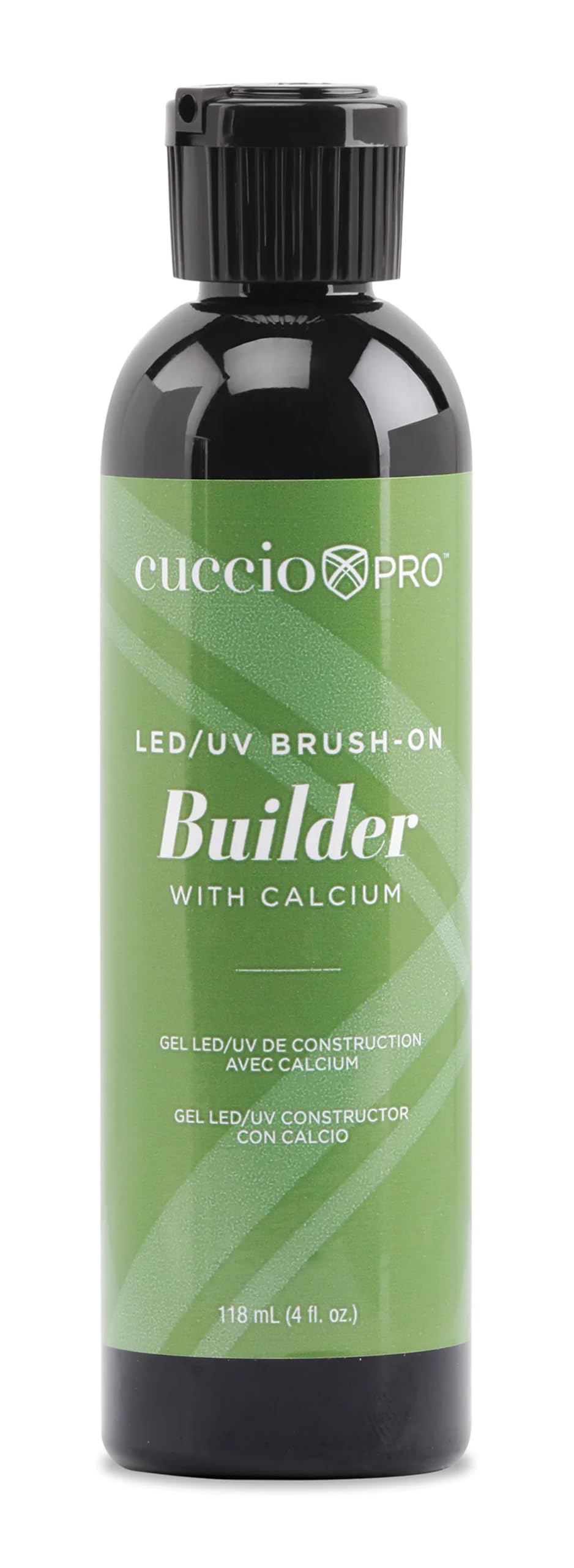 Cuccio bottle front view showing branding and clear builder gel benefit