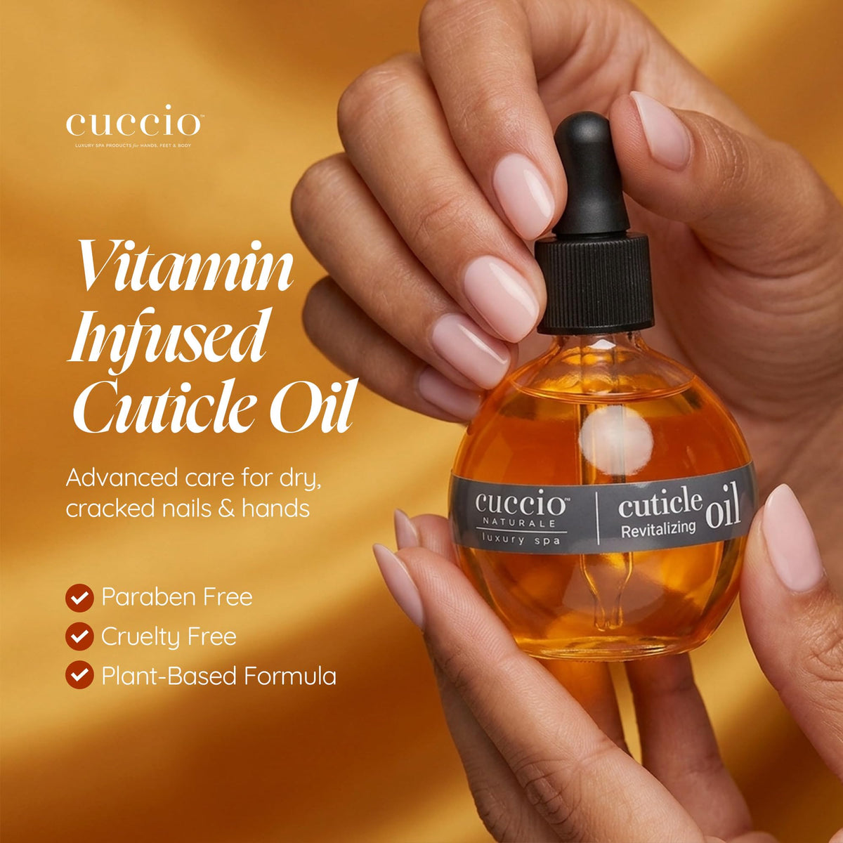 Cuccio bottle held in hand to show 2.3 fl oz scale and travel-friendly size