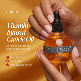 Cuccio bottle held in hand to show 2.3 fl oz scale and travel-friendly size
