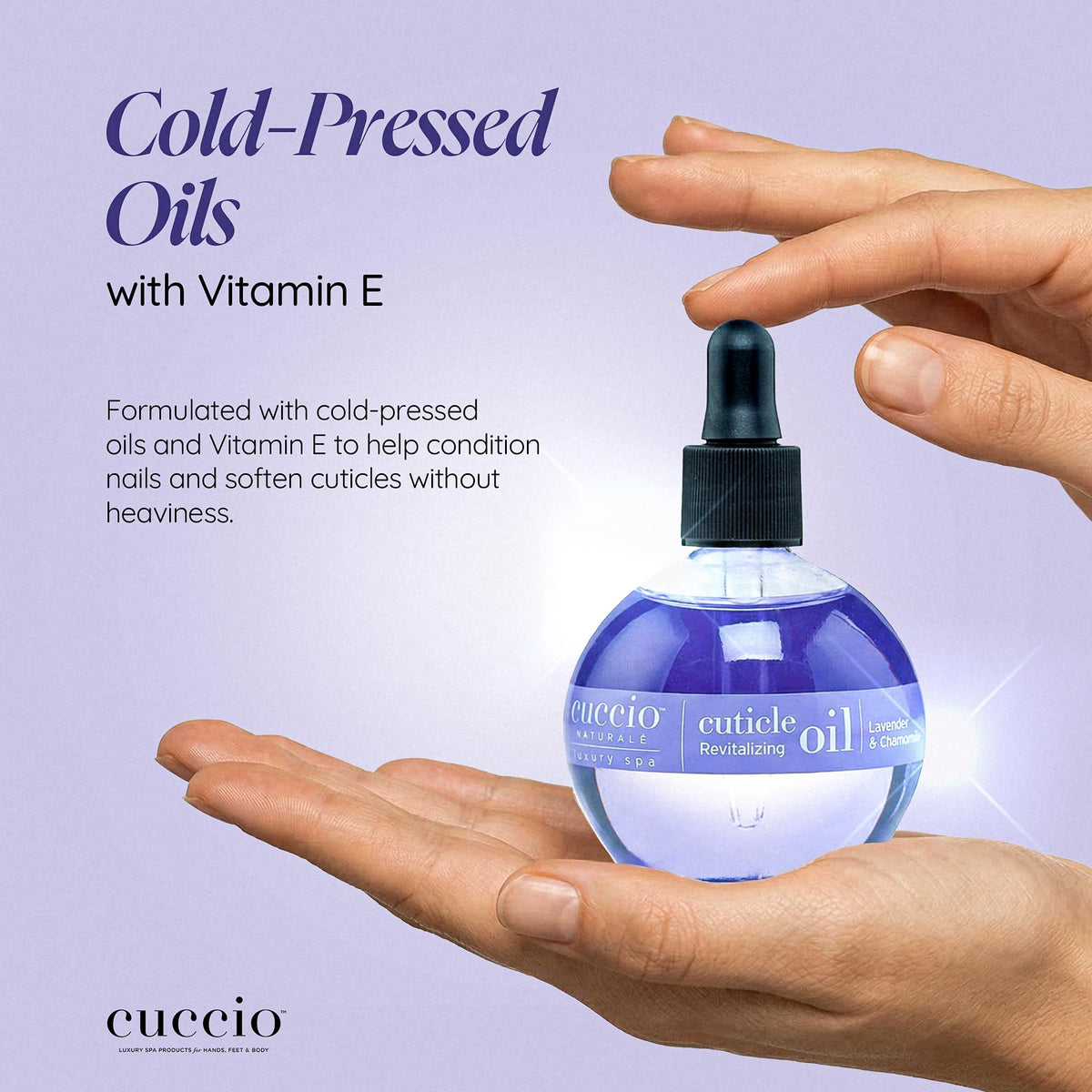 Cuccio bottle beside a hand to show 2.3 fl oz size and travel-friendly convenience