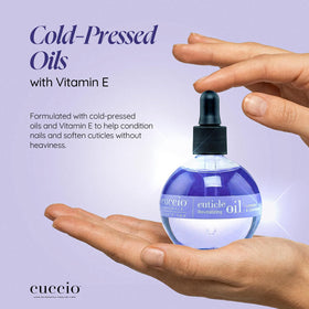 Cuccio bottle beside a hand to show 2.3 fl oz size and travel-friendly convenience
