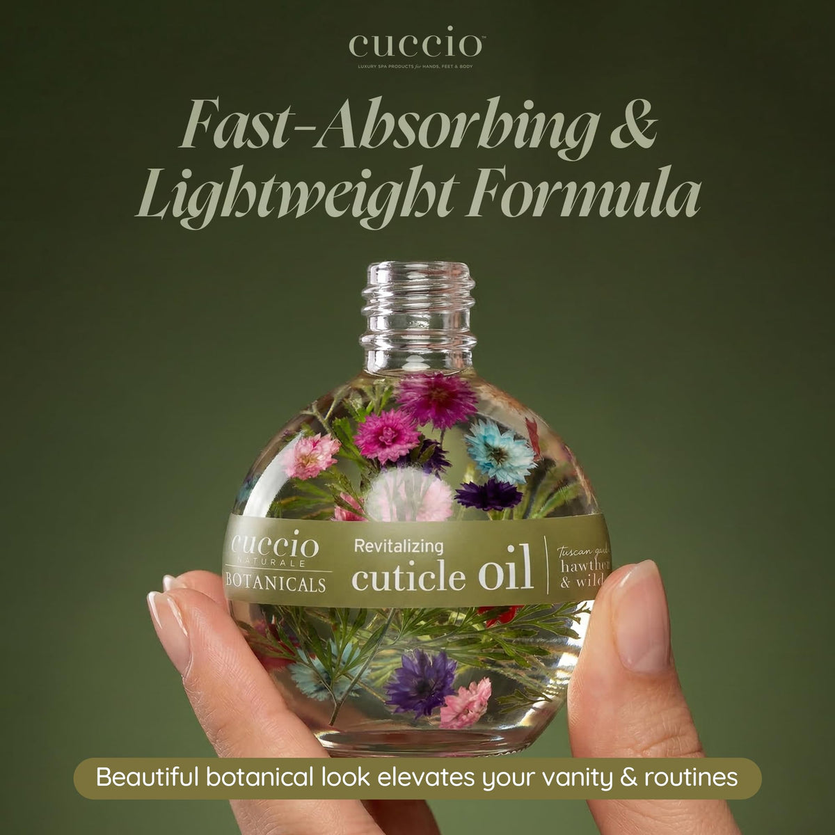 Cuccio Tuscan Garden oil drop from applicator showing easy application benefit