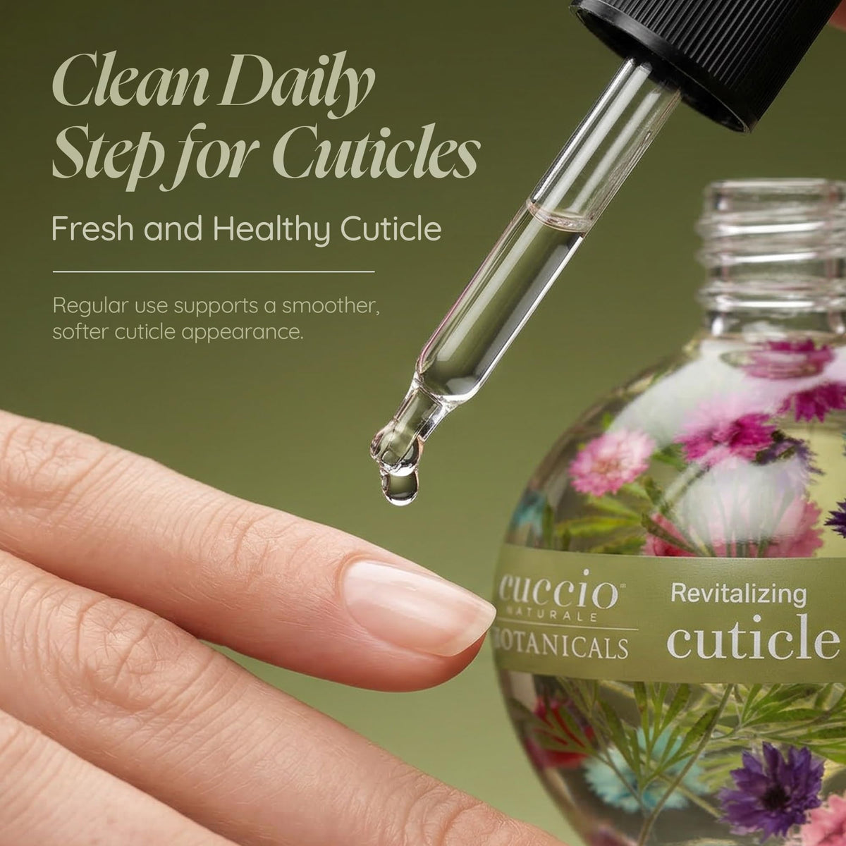 Cuccio Tuscan Garden bottle in hand showing 2.1 oz scale and portability