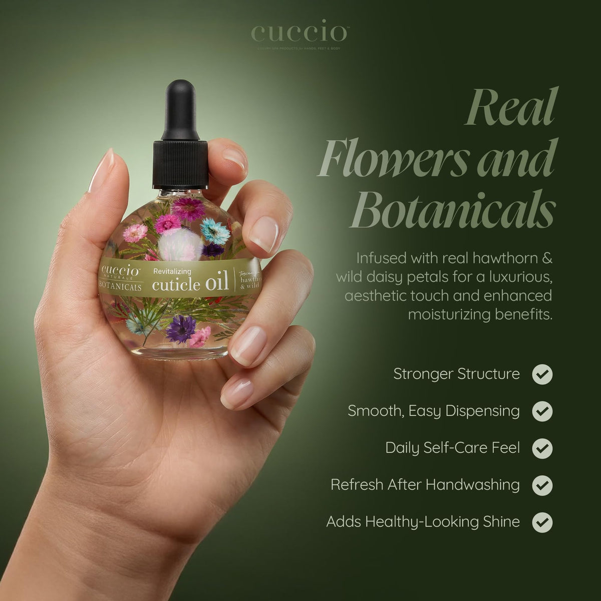 Cuccio Tuscan Garden oil texture on skin demonstrating lightweight absorption benefit