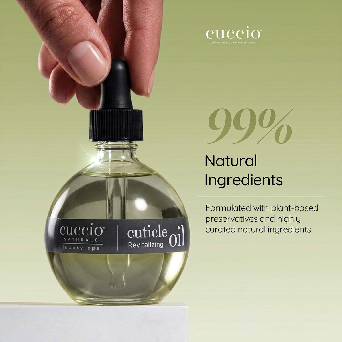 Cuccio oil texture on skin demonstrating fast absorption and non-greasy hydration