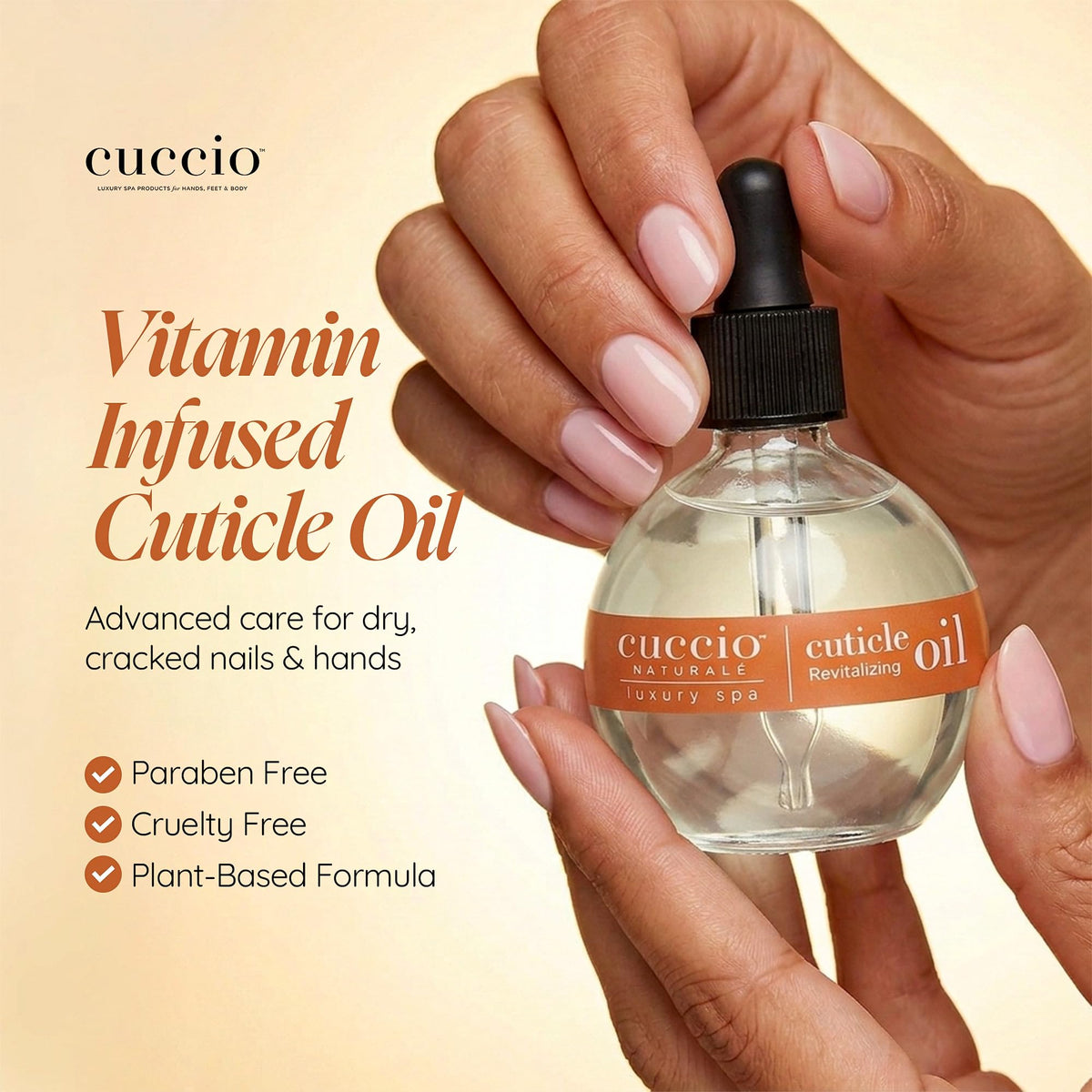 Label detail on Cuccio bottle showing ingredient callouts and natural promise