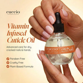 Label detail on Cuccio bottle showing ingredient callouts and natural promise