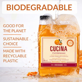 Cucina label detail showing scent and vegan formula benefits