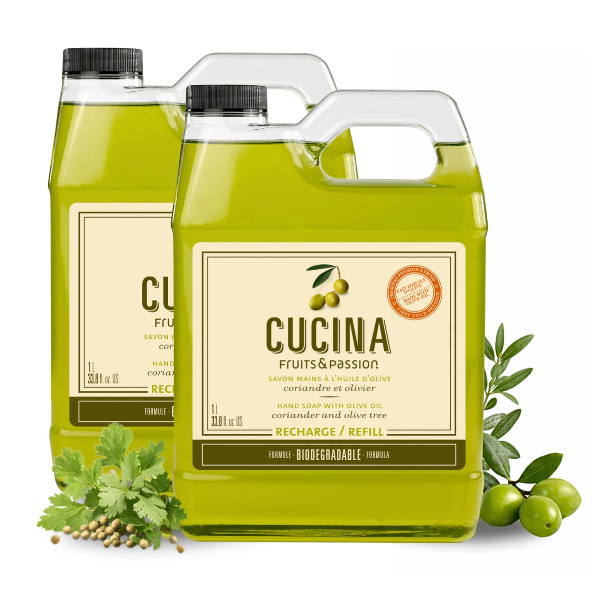 Cucina front packaging showing 1L refill jugs and label, highlighting eco refill benefit