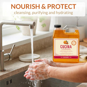 Cucina pouring refill into dispenser demonstrating easy refill convenience