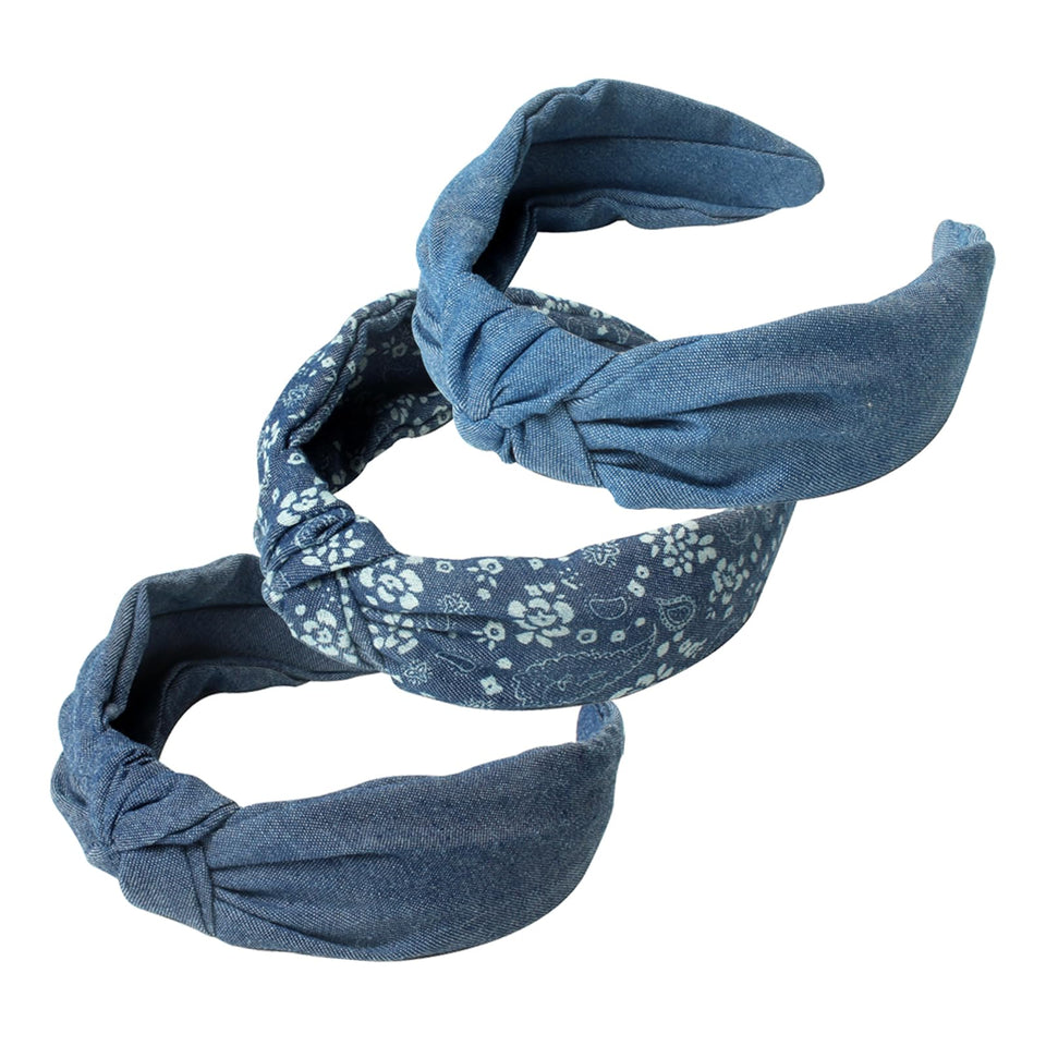 Cuizhiyu front-packaging showing three denim headbands and quick style benefit