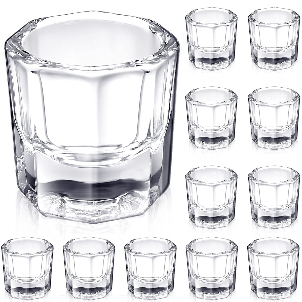 Cunhill front view of twelve clear dappen dishes showing professional set and stability
