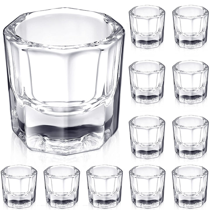 Cunhill front view of twelve clear dappen dishes showing professional set and stability