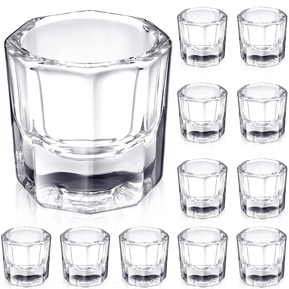 Cunhill front view of twelve clear dappen dishes showing professional set and stability