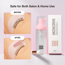 CURACORO rinsing lashes with water droplets showing gentle rinse-away benefit