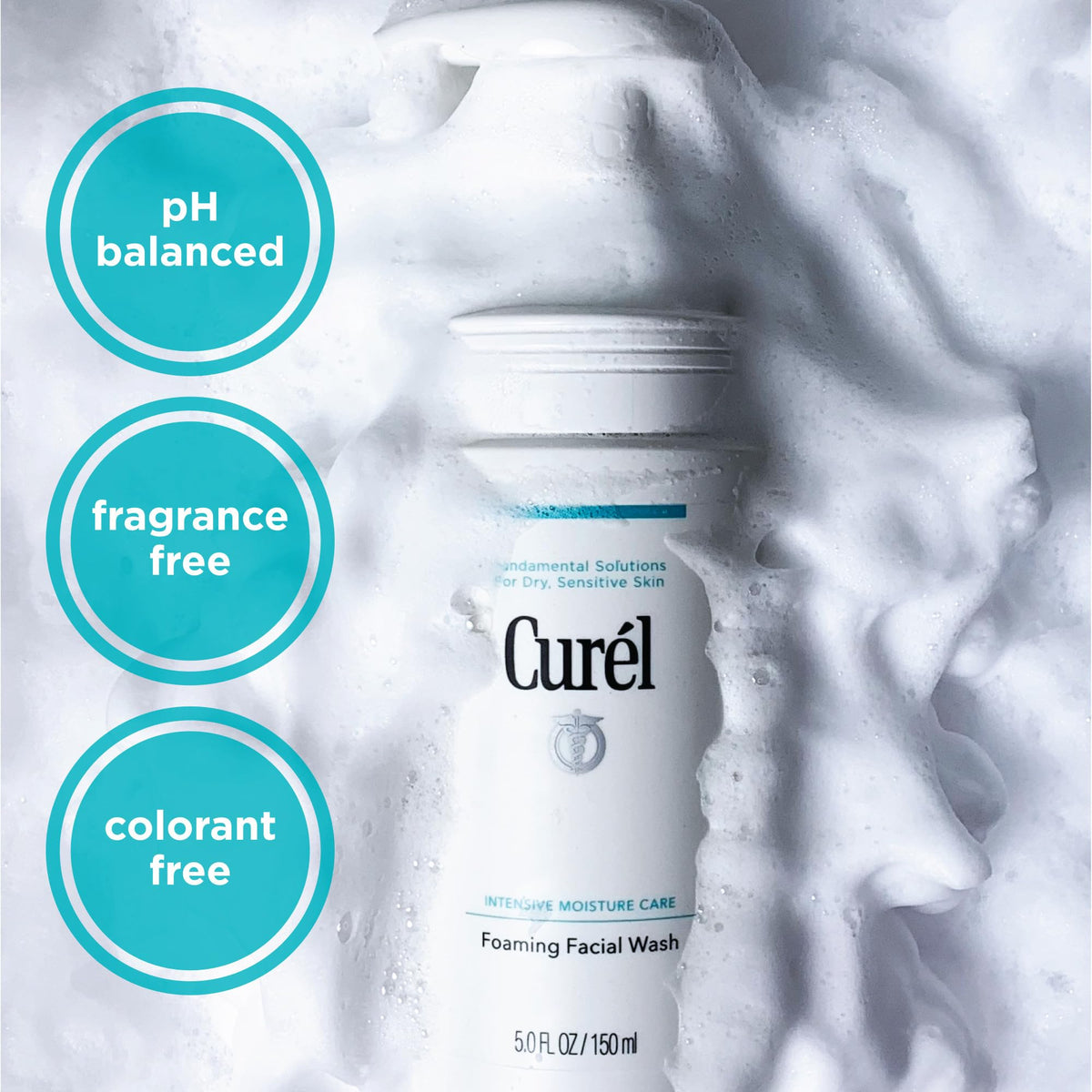 Curel bottle back label with ingredients and pH-balanced formulation